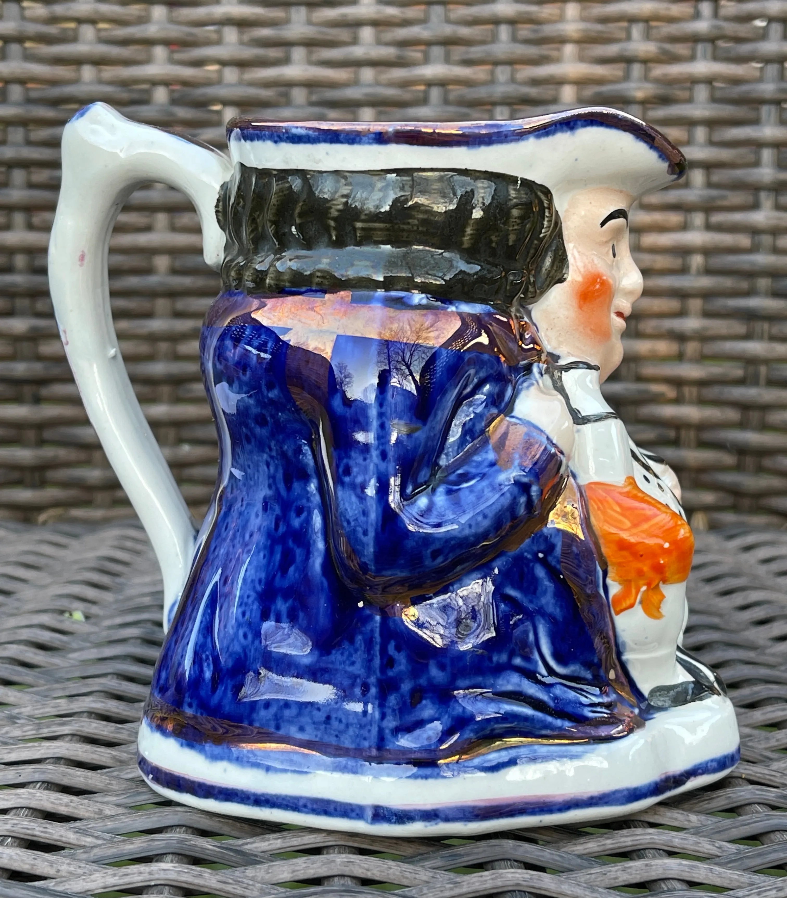 Antique English Staffordshire Copper Lustre Blue Toby Jug  Medium