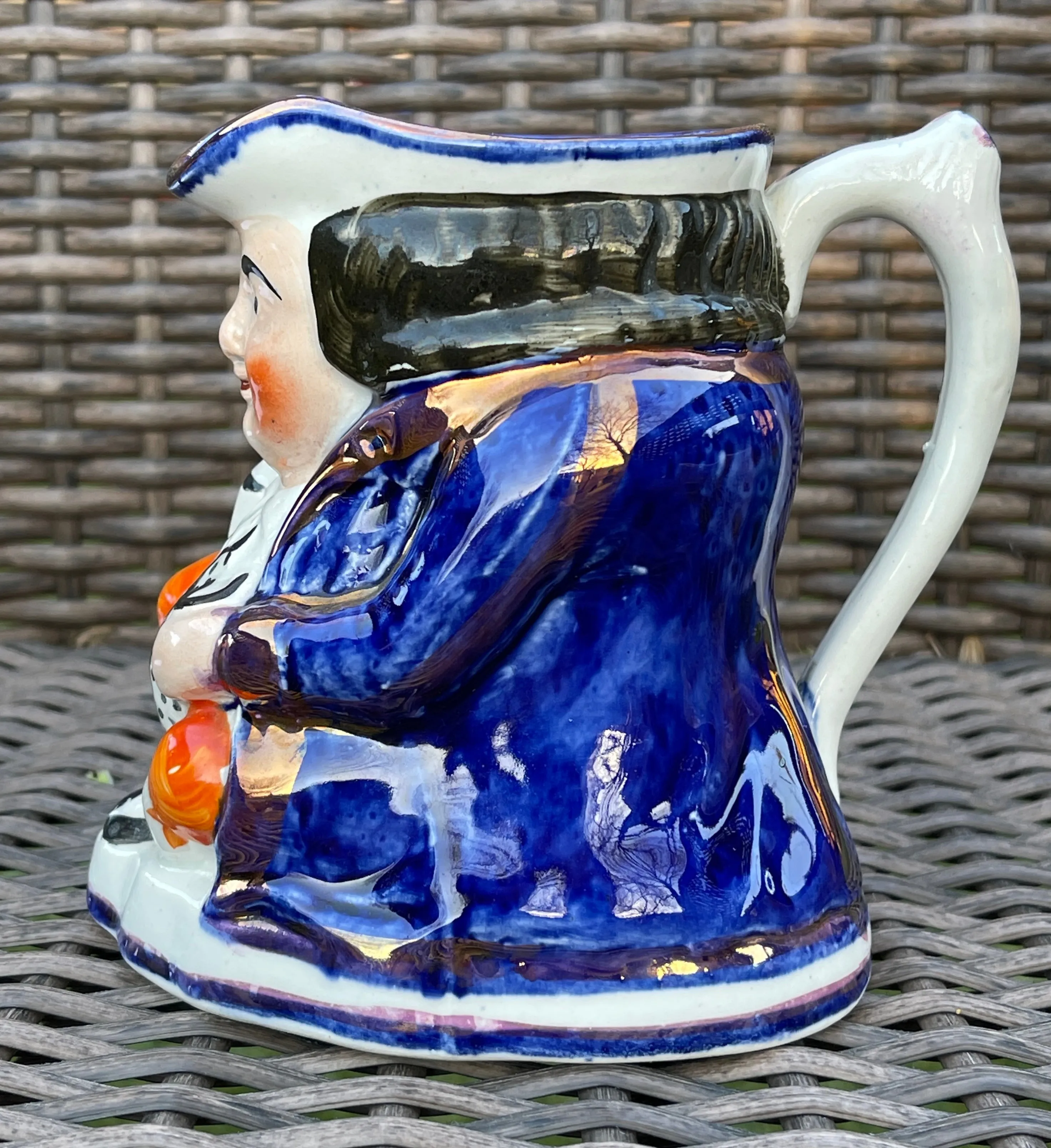 Antique English Staffordshire Copper Lustre Blue Toby Jug  Medium