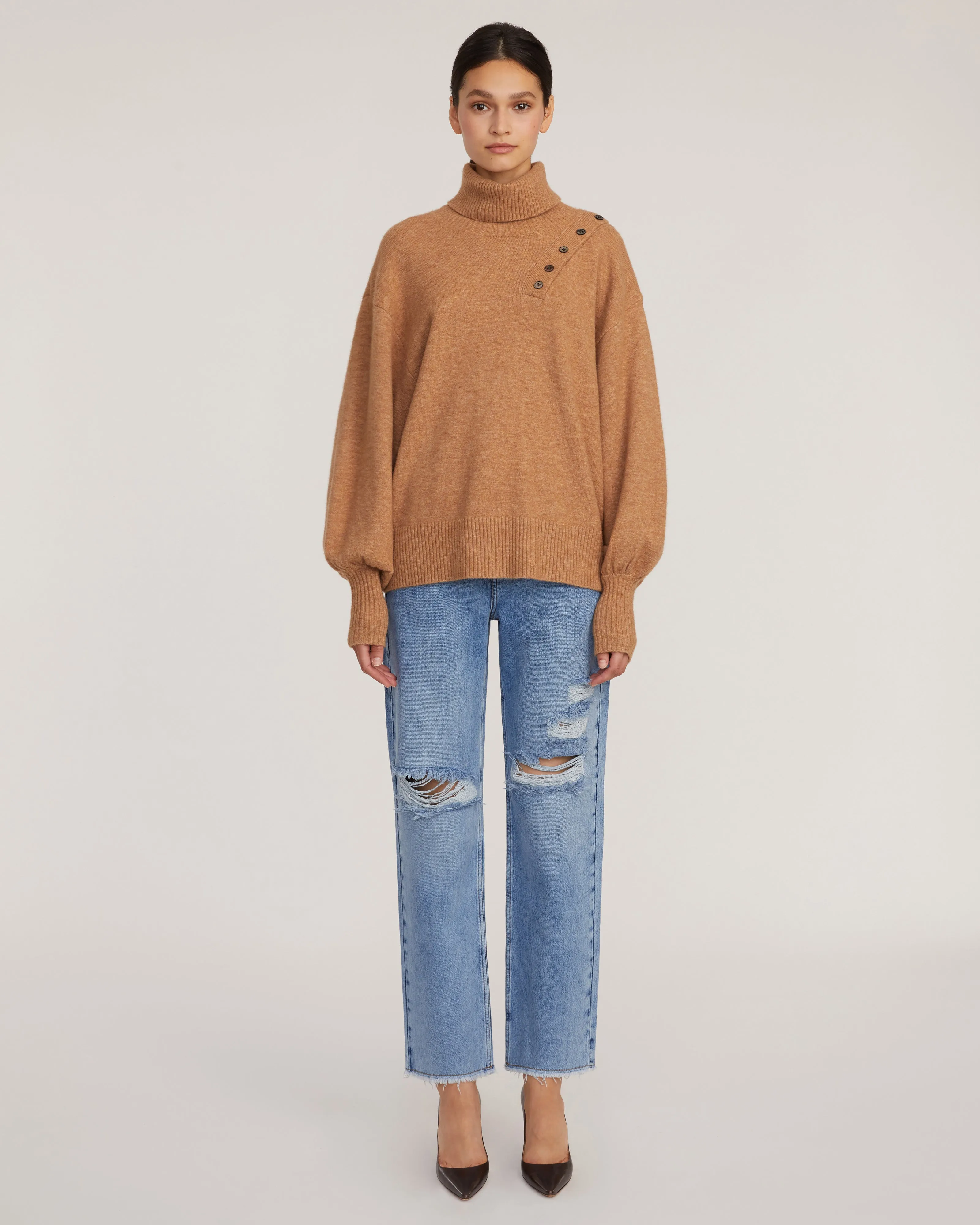 Blake Button Cashmere Blend Turtleneck Sweater in Camel