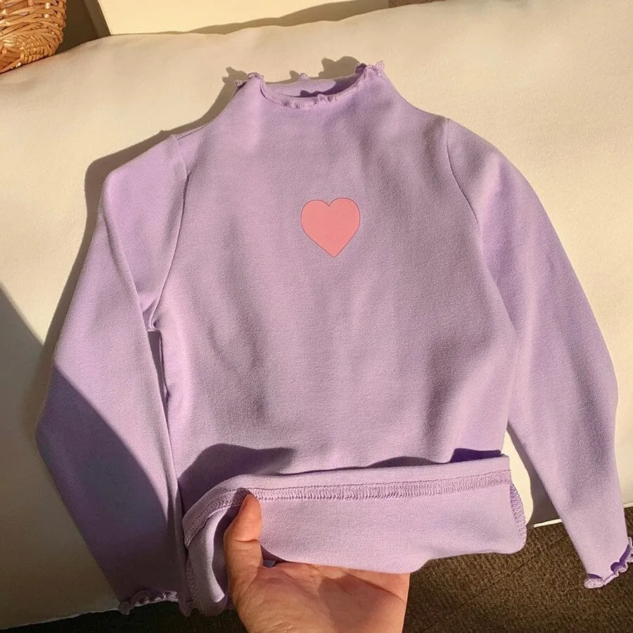 Colorful Heart Ruffled Turtleneck Top