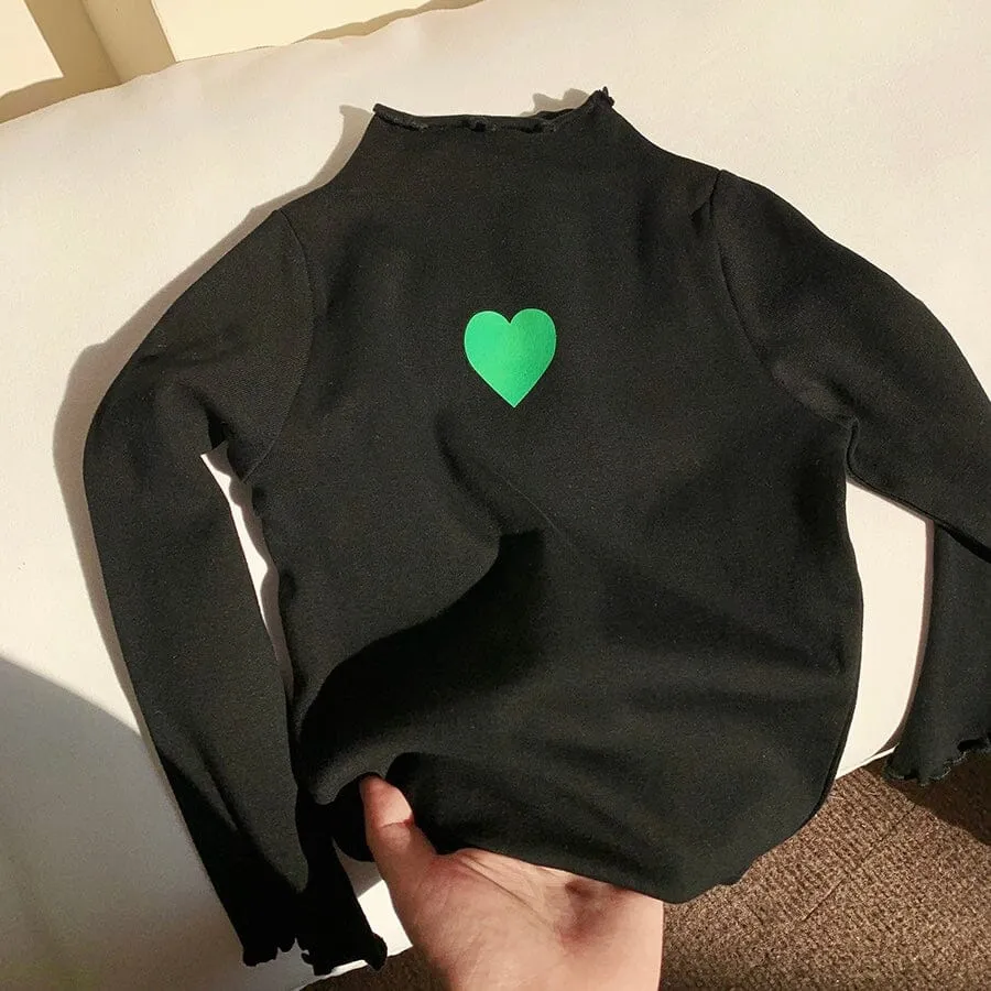Colorful Heart Ruffled Turtleneck Top