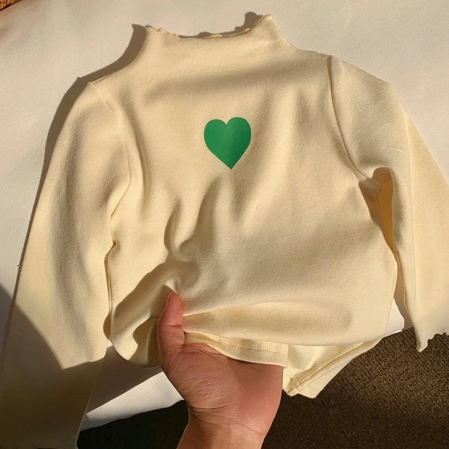 Colorful Heart Ruffled Turtleneck Top