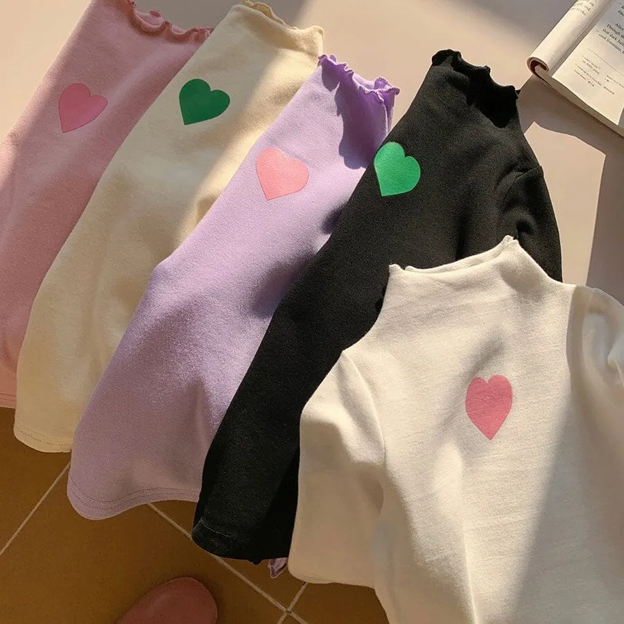 Colorful Heart Ruffled Turtleneck Top