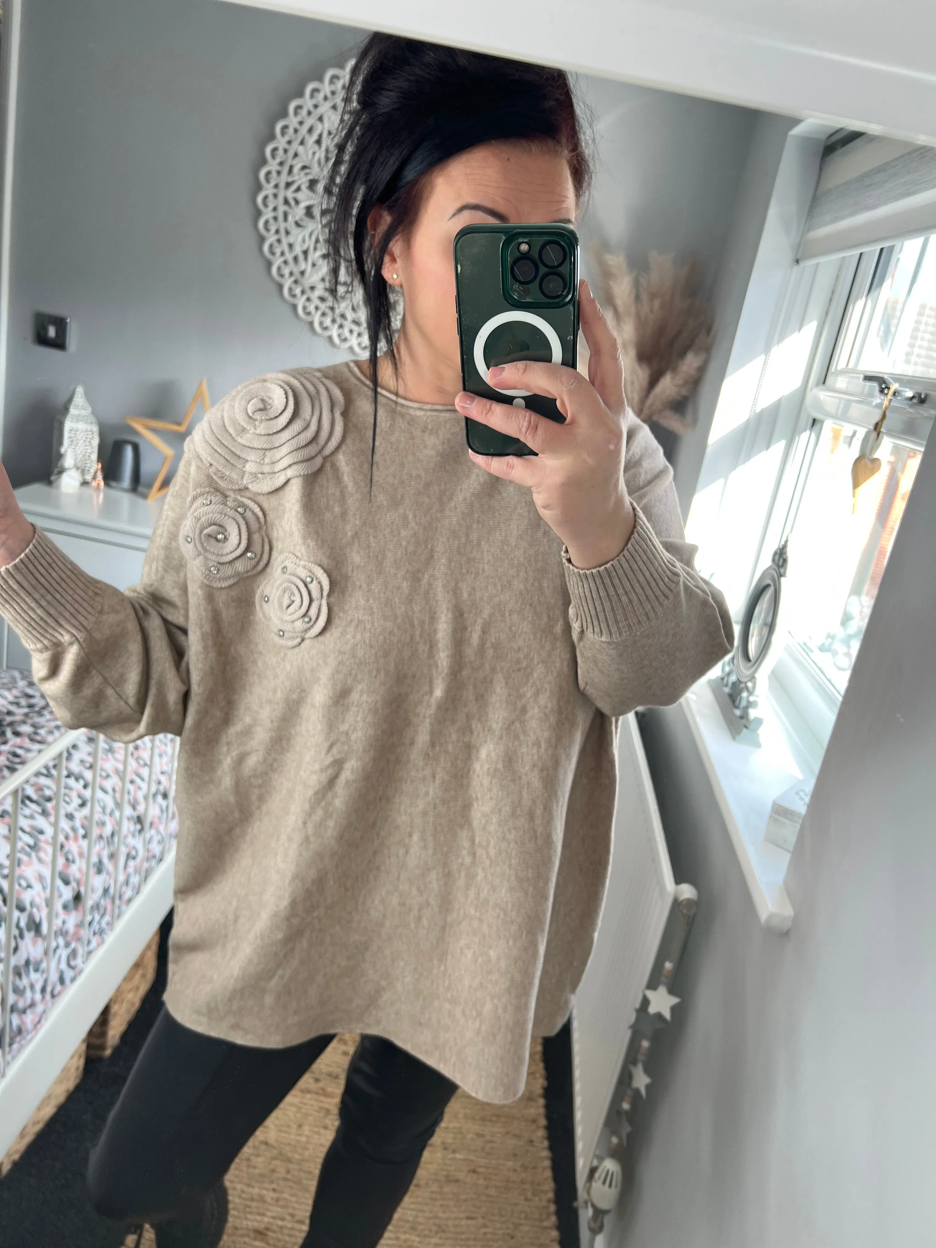 Diamante Rose Jumper - Beige