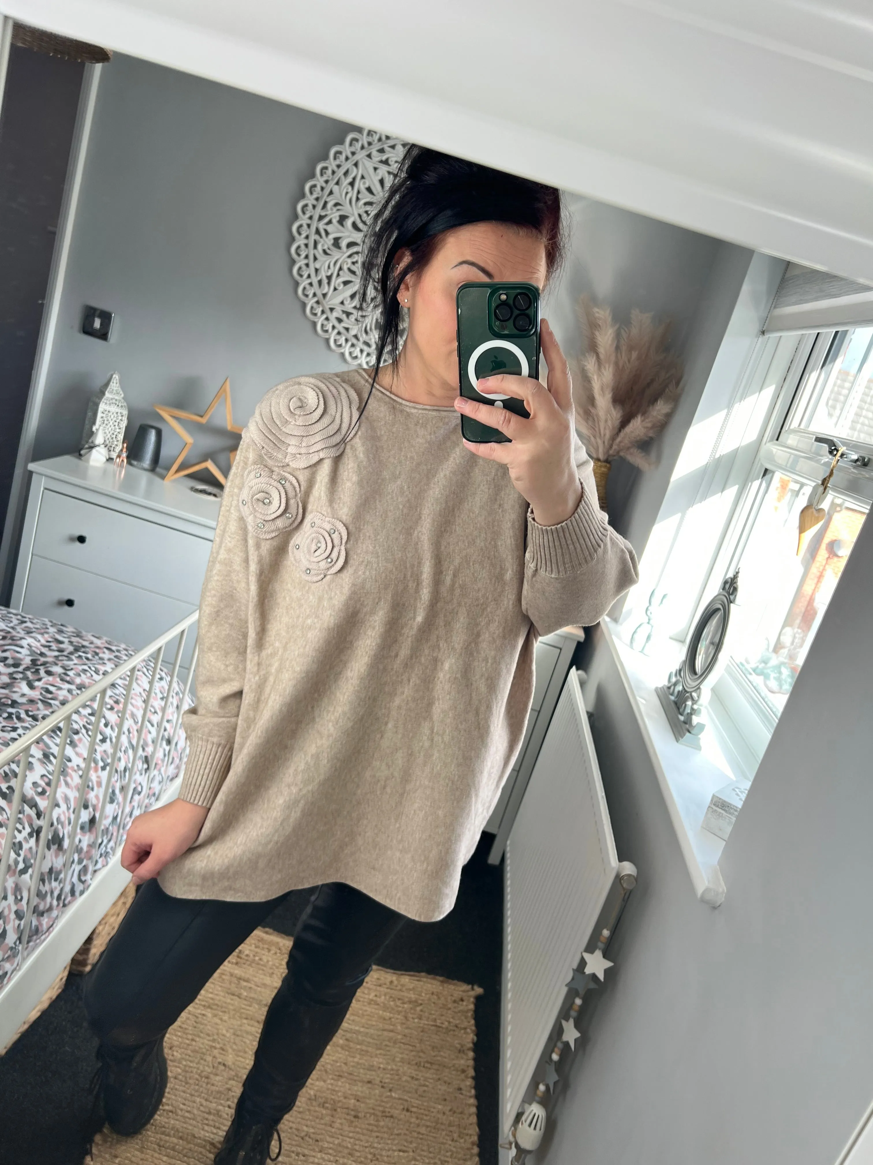 Diamante Rose Jumper - Beige