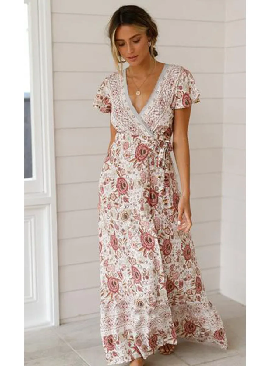 Floral V-neck Short Sleeve Maxi Dress