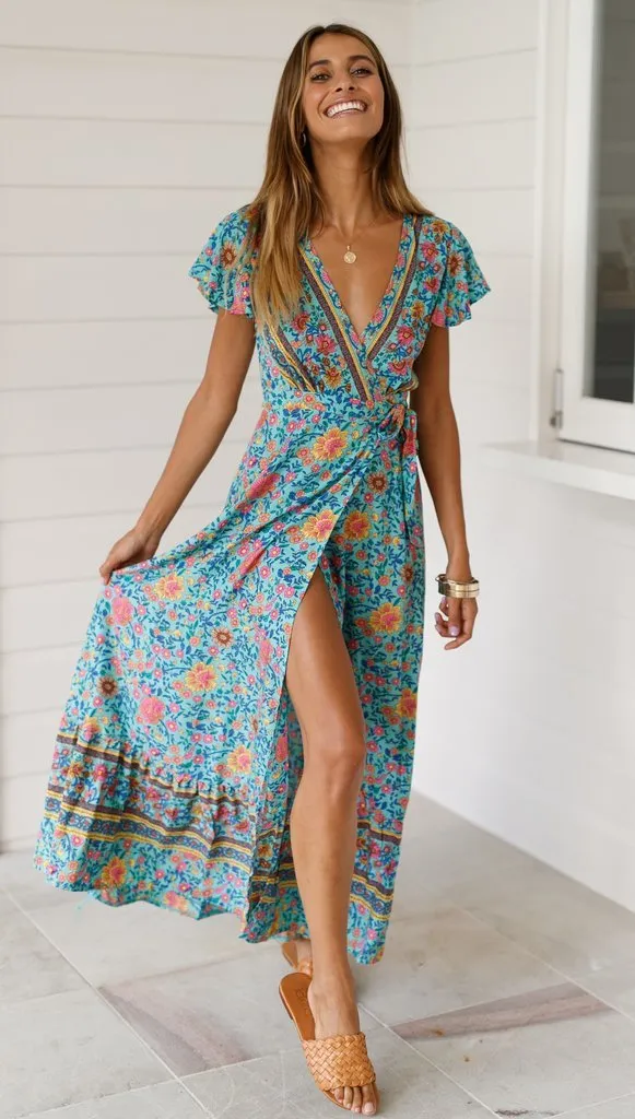 Floral V-neck Short Sleeve Maxi Dress