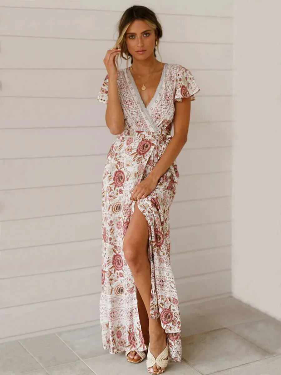 Floral V-neck Short Sleeve Maxi Dress