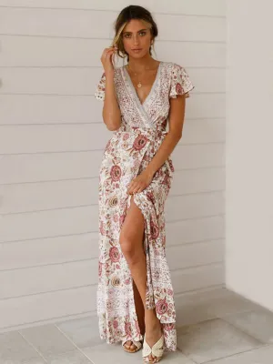 Floral V-neck Short Sleeve Maxi Dress