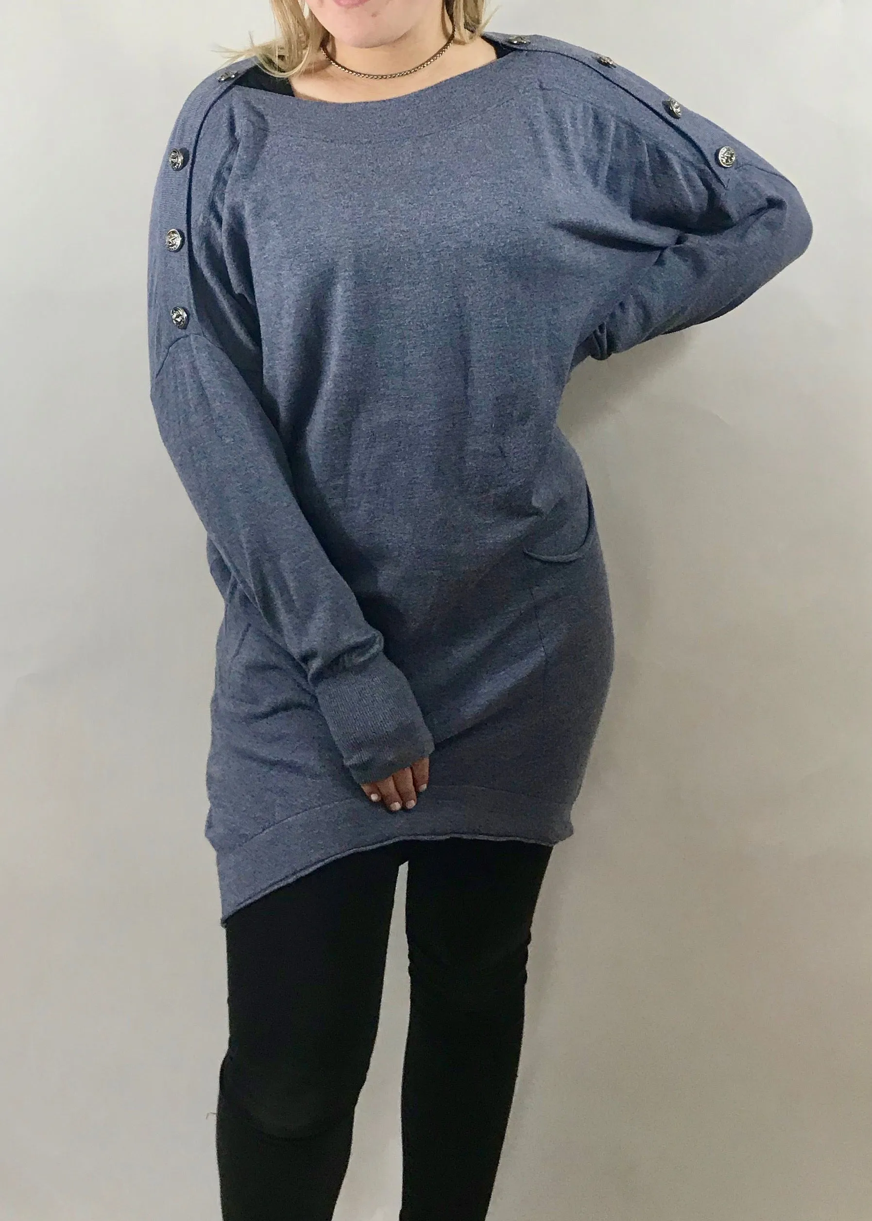 Limited Edition Star Jumper Dress with Star Buttons In Denim Blue