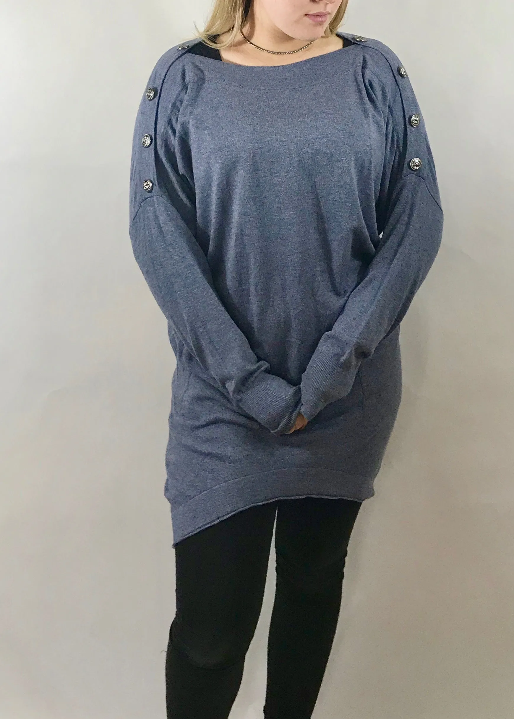 Limited Edition Star Jumper Dress with Star Buttons In Denim Blue